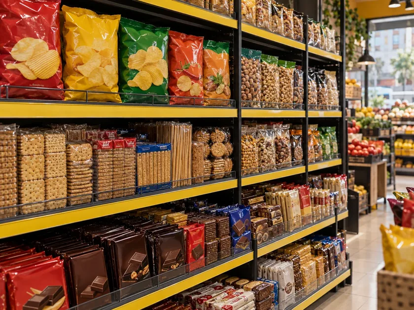 Fatih Market rafında cips, kuruyemiş ve krakerler