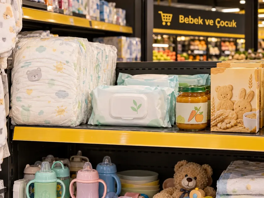 Fatih Market rafında bebek bezi, ıslak mendil ve bebek mamaları