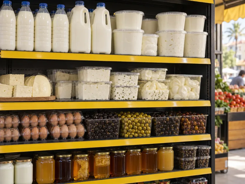Fatih Market rafında süt, yoğurt, peynir, yumurta ve bal