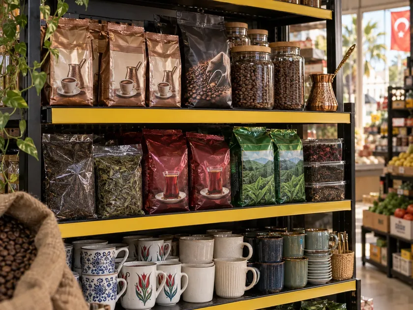 Fatih Market rafında Türk kahvesi ve çay çeşitleri