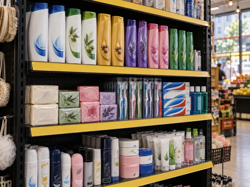 Fatih Market rafında şampuan, sabun ve kişisel bakım ürünleri