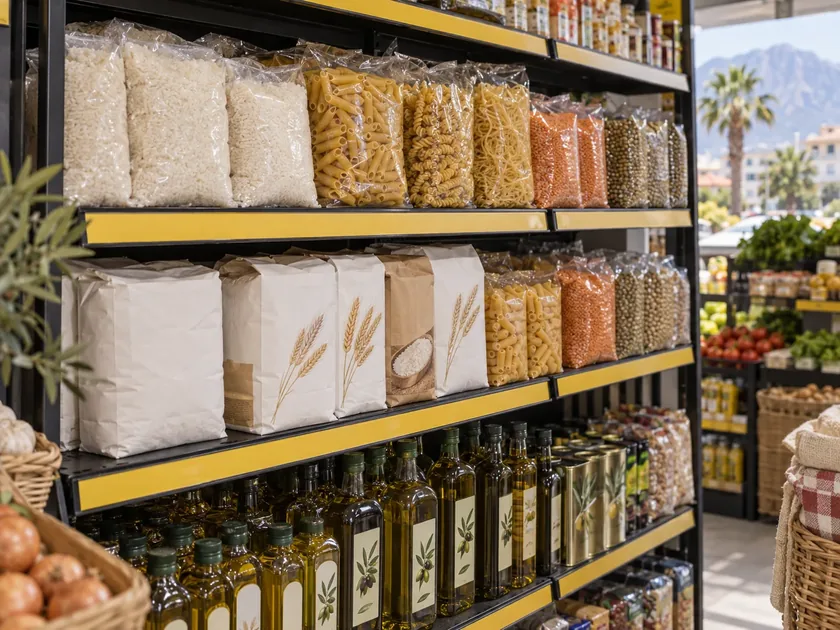Fatih Market rafında makarna, pirinç, bakliyat ve un