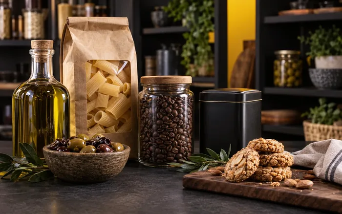 Fatih Market rafında makarna, zeytinyağı, kahve ve gurme ürünler